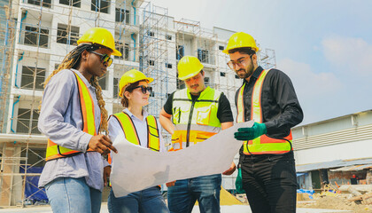 Team architects multi ethnic workers men and women meeting brainstorming construction of...