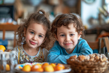 Portrait of adorable children: fictional little brother and his little sister during Easter holiday in the kitchen at home. Concept of preparing for traditions and celebrations in the spring season. 
