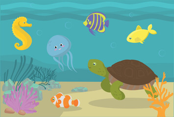 Fototapeta na wymiar Sea life. Turtle, clownfish, jellyfish,seahorse, shells, corals. Flat vector illustration. Elements suitable for animation. 
