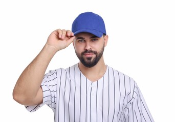 Man in stylish blue baseball cap on white background