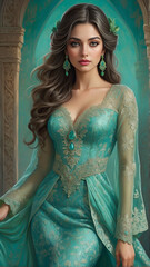 high quality, 8K Ultra HD, Omar Rayyan style illustration of a very beautiful twenty year old woman, similar to Ana Brenda Contreras, dressed in a beautiful turquoise green lace dress, green mist, 