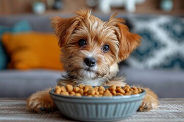 Cute and happy white and brown Yorkshire Terrier eagerly posing for a snack in a cozy home.