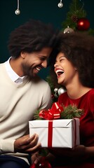Fototapeta na wymiar Christmas, Couples Exchanging Gifts Under the Tree , Christmas, couples, exchanging gifts, tree