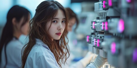 A female technician works in an industrial laboratory, assembling and testing electronic components.