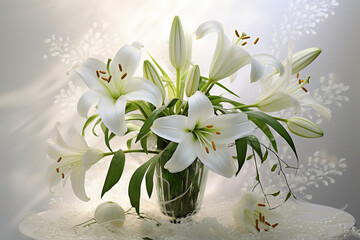 snowdrops in snow  A bouquet of white lilies with lush greenery, elegantly displayed against a clean white background.