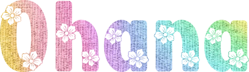 Fotobehang Ohana written with engraved typical Hawaiian hibiscus flowers - vector graphics ideal for cards, parties, prints, sublimation and cutting, cricut, multicolor © roberta