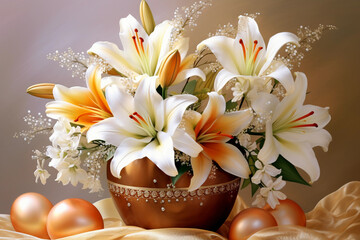 bouquet of lilies and flowers flower in wooden bowl