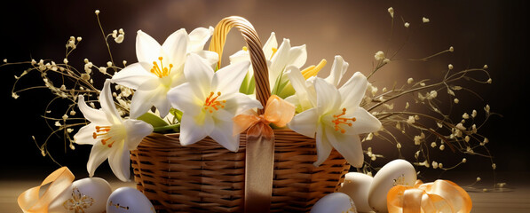 easter eggs in a basket White lilies and green foliage photo. Home decorate. Keep the mood calm and peace. Wedding idea.