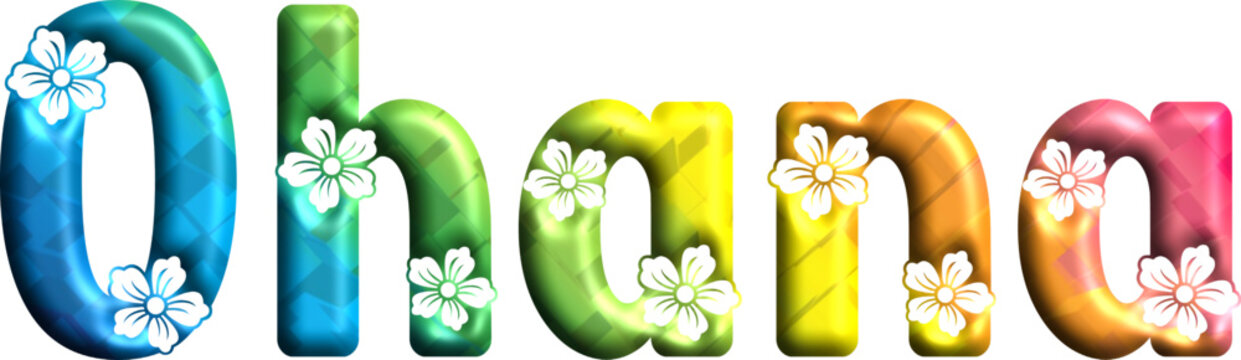 Ohana written with engraved typical Hawaiian hibiscus flowers - vector graphics ideal for cards, parties, prints, sublimation and cutting, cricut - multicolor