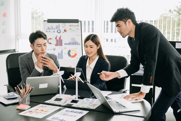 Discussion among businesspeople on the latest developments in solar cell panel technology and Solar Energy Environment city Concept.