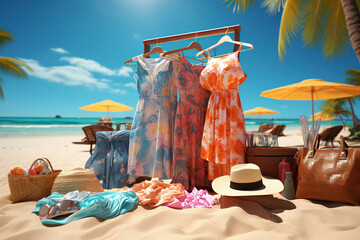 A colorful summer sale setup on a sandy beach features a variety of clothing on a rack and an array of stylish luggage, with a serene ocean backdro, AI Generative