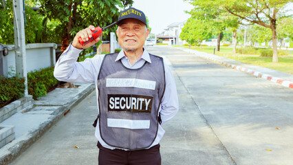 Senior guy male security guard maintaining security housing various residences duties take care of...