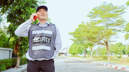 Senior guy male security guard maintaining security housing various residences duties take care of...