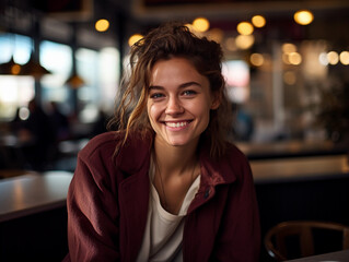 Obraz premium Smiling Woman Sitting at Restaurant Table Enjoying Meal and Conversation