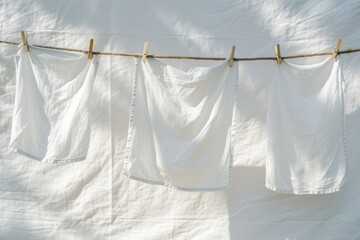 Snow-white sheets hanging on a rope with clothespins - obrazy, fototapety, plakaty