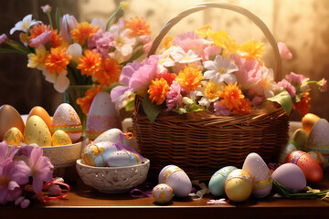 easter eggs and flowers in a basketSpa Concept- wooden bowl of white frangipani