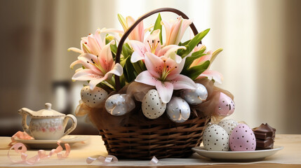 easter still life with tulips and eggs   colorful Easter eggs in a wooden basket with green natural background 