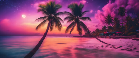 Fototapeta na wymiar Serene Beach Paradise: Crystal Clear Waters, Moon Night, Colorful Dream Sky, High Contrast, Saturated Colors, Tropical Palm Trees, Dream World Destination, Seascape Fantasy.