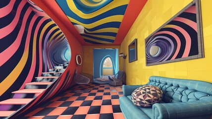 Vivid modern colorful interior. Super extravagant room design with optical illusion elements - obrazy, fototapety, plakaty