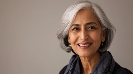 Fototapeta premium With a beaming smile, an elderly Indian lady exhibits the beauty of her stylish grey hair and wrinkles in a studio portrait.