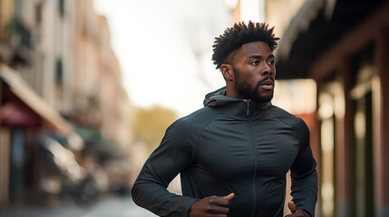 
A dynamic side-view scene featuring a confident young man looking forward while running. The image captures his determined and focused profile,  - Powered by Adobe