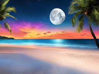 Serene Beach Paradise: Crystal Clear Waters, Moon Night, Colorful Dream Sky, High Contrast, Saturated Colors, Tropical Palm Trees, Dream World Destination, Seascape Fantasy.