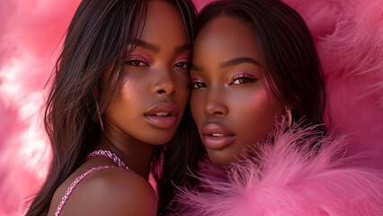 two beautiful modern black women in a pink style - obrazy, fototapety, plakaty