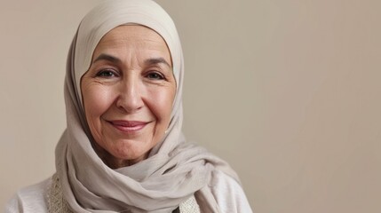 Captivating beauty portrait of a Muslim senior woman, showcasing a radiant smile, stylish grey hair, and wrinkles on a light background.