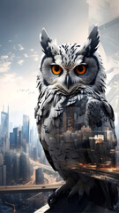 high quality, 8K Ultra HD, A beautiful double exposure that combines an owl silhouette with an anime metropolitan landscape, The big city should serve as the underlying backdrop, with its details inco