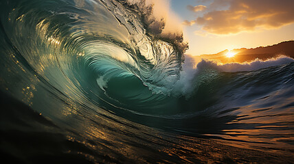 ocean wave swirls into a tube at sunset, landscape tropical sea coast, surf waves - obrazy, fototapety, plakaty