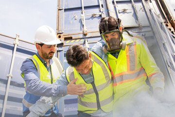 Team male rescue workers PPE uniforms wearing gas mask protect against accidental leaks toxic fumes...