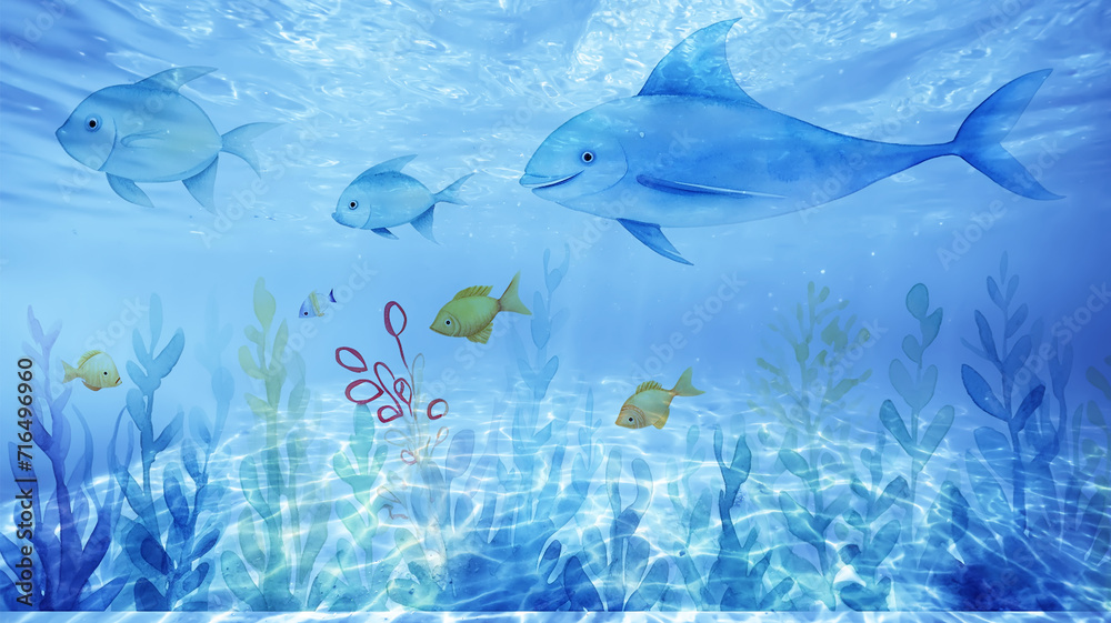 Wall mural watercolor underwater world, sea depth landscape, fish and corals illustration of the ocean at the b