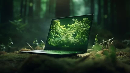 Foto op Canvas open laptop turned on against the background of green nature, eco-friendly concept new technologies green energy © kichigin19