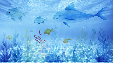 watercolor underwater world, sea depth landscape, fish and corals illustration of the ocean at the bottom
