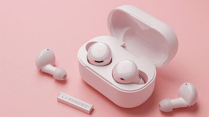 Wireless in-ear headphones with a case on a pink