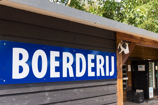 Ede, The Netherlands - September 16, 2023: Dutch information panel with text Boerderij indicating local farm shop in Ede in The Netherlands