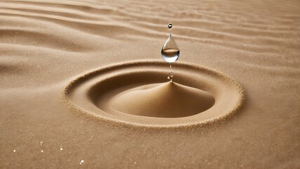 A drop of water falls into a pile of sand in the desert. Life-giving liquid - obrazy, fototapety, plakaty