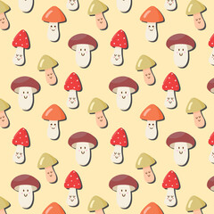 Seamless pattern with cute mushrooms. Cute drawing doodle style cartoon characters. high quality vector design for your project.