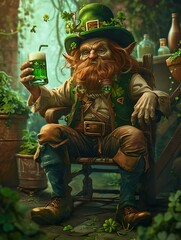 St. Patrick day, Green clover, Leprechaun drinking in a pub, pot of gold