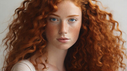 Fototapeta premium Portrait of young beautiful woman with bright blue eyes, beautiful healthy voluminous red curly hair and freckles on face