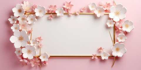 Golden frame decorated with blossom flower. Concept for marketing banner, wedding greeting card, social media, Valentines Day, engagement, birthday, love message, celebration, beauty and fashion.