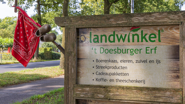 Ede, The Netherlands - September 16, 2023: Information sign of local farmshop in outside area of the city Ede in Gelderland in The Netherlands