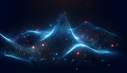 A blue abstract wave form with particles, symbolizing sound waves, energy fields, or the flow of information in a digital realm