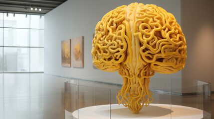 Brain art. Sculpture of the human brain made of yellow plastic at the exhibition of contemporary art in the art gallery.