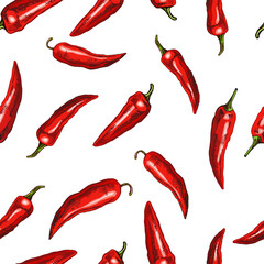 Hand-drawn vector seamless pattern of chili pepper. Vintage doodle illustration. Sketch for cafe menus and labels. The engraved image. - obrazy, fototapety, plakaty
