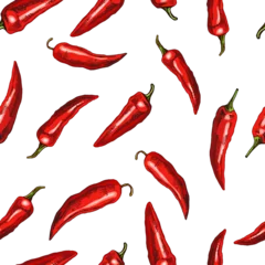 Fotobehang Hand-drawn vector seamless pattern of chili pepper. Vintage doodle illustration. Sketch for cafe menus and labels. The engraved image. © Mariia Mazaeva