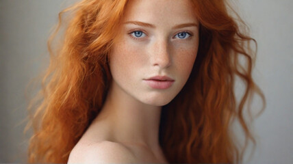 Fototapeta premium Portrait of young beautiful woman with beautiful healthy red long hair