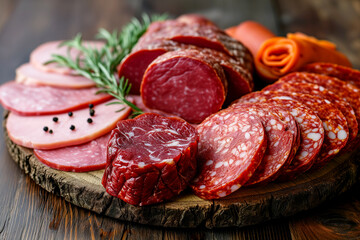 Assortment of processed cold meat products. On a wooden background. - obrazy, fototapety, plakaty