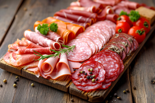Assortment of processed cold meat products. On a wooden background.