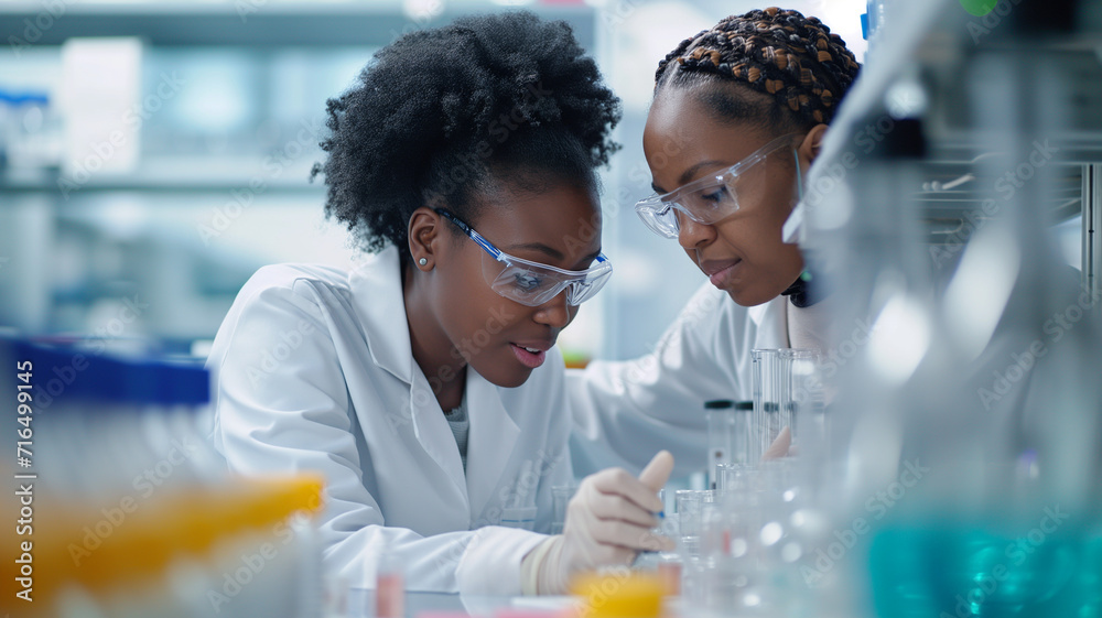 Wall mural group of scientists working in laboratory. young female scientist looking at camera and smiling whil
